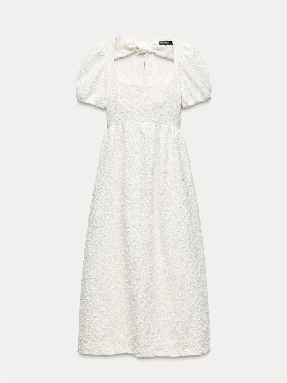 Zara White Lace Midi Dress with Puff Sleeves and Back Tie